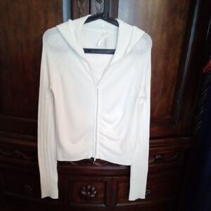 Cafe Brand Vintage Ivory Hooded Cardigan With Cableknit Sleeves